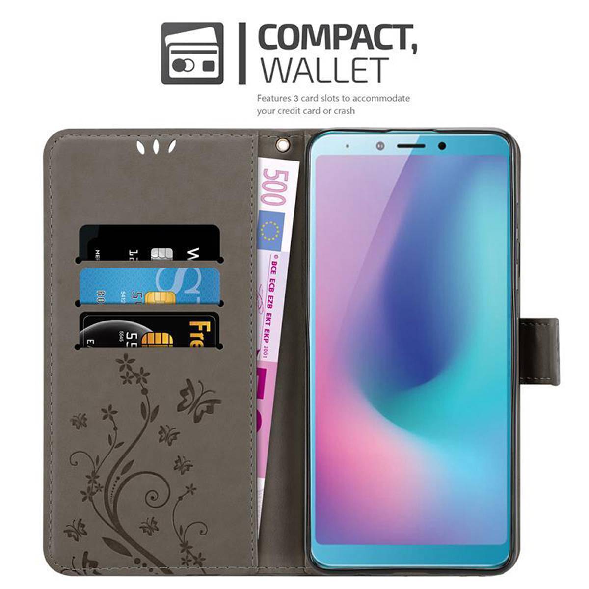 Cadorabo Hülle für Samsung Galaxy A6s Schutz Hülle in Grau Schutzhülle Handy Hülle Etui Case Blumen Flower