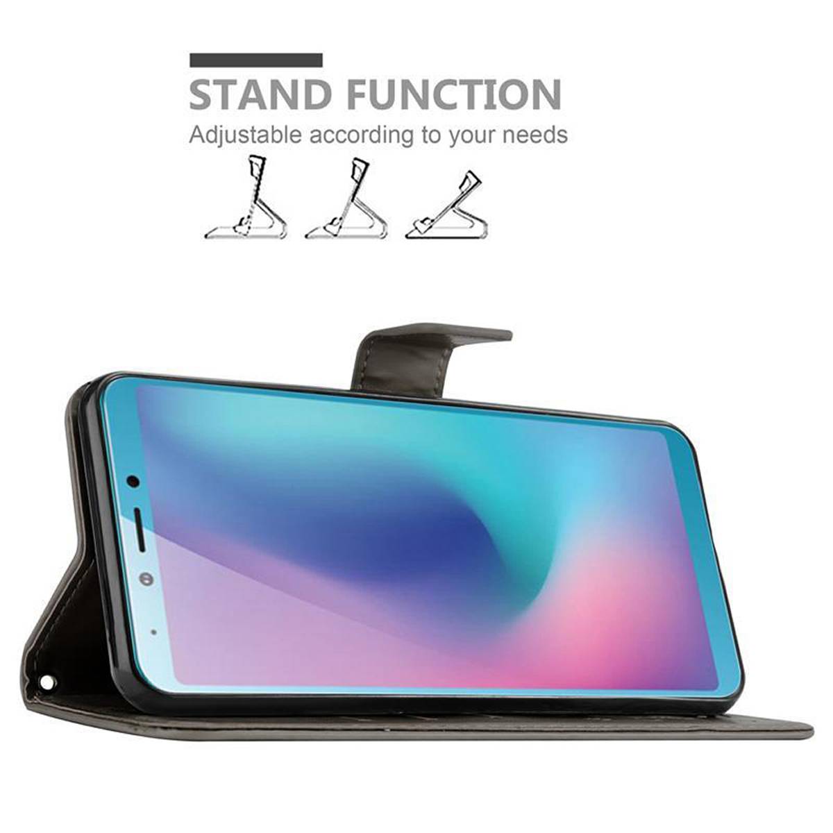 Cadorabo Hülle für Samsung Galaxy A6s Schutz Hülle in Grau Schutzhülle Handy Hülle Etui Case Blumen Flower