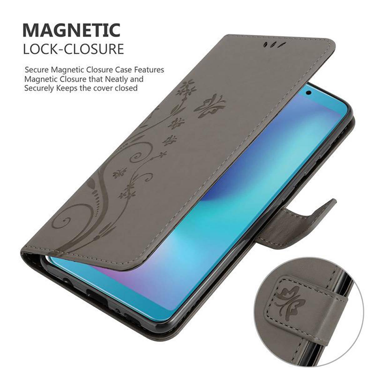 Cadorabo Hülle für Samsung Galaxy A6s Schutz Hülle in Grau Schutzhülle Handy Hülle Etui Case Blumen Flower