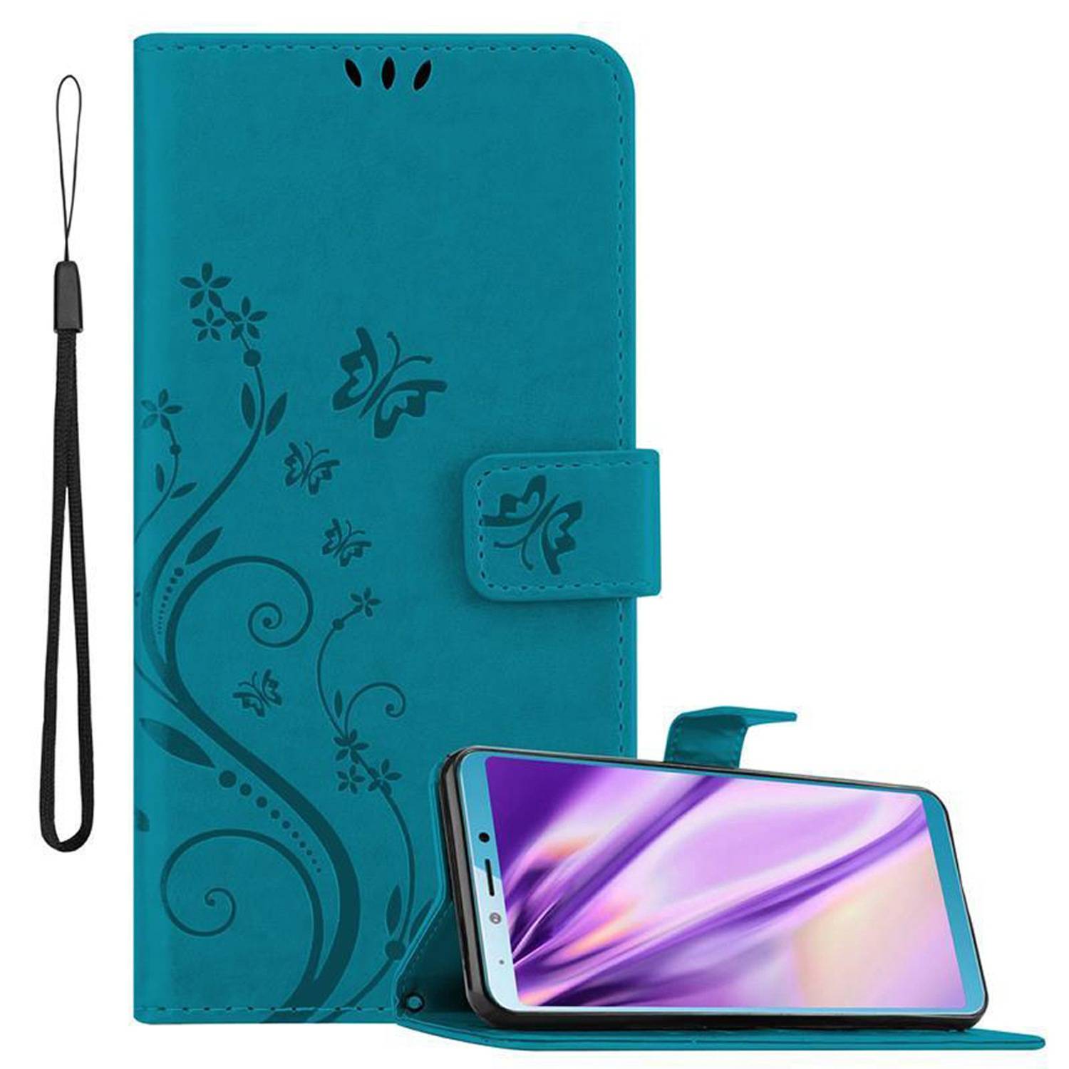 Cadorabo Hülle für Samsung Galaxy A6s Schutz Hülle in Blau Schutzhülle Handy Hülle Etui Case Blumen Flower