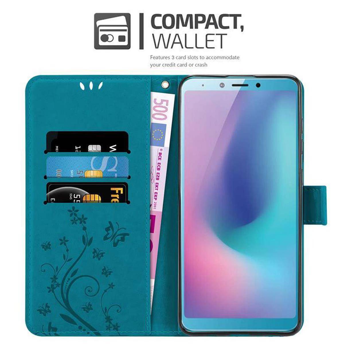 Cadorabo Hülle für Samsung Galaxy A6s Schutz Hülle in Blau Schutzhülle Handy Hülle Etui Case Blumen Flower