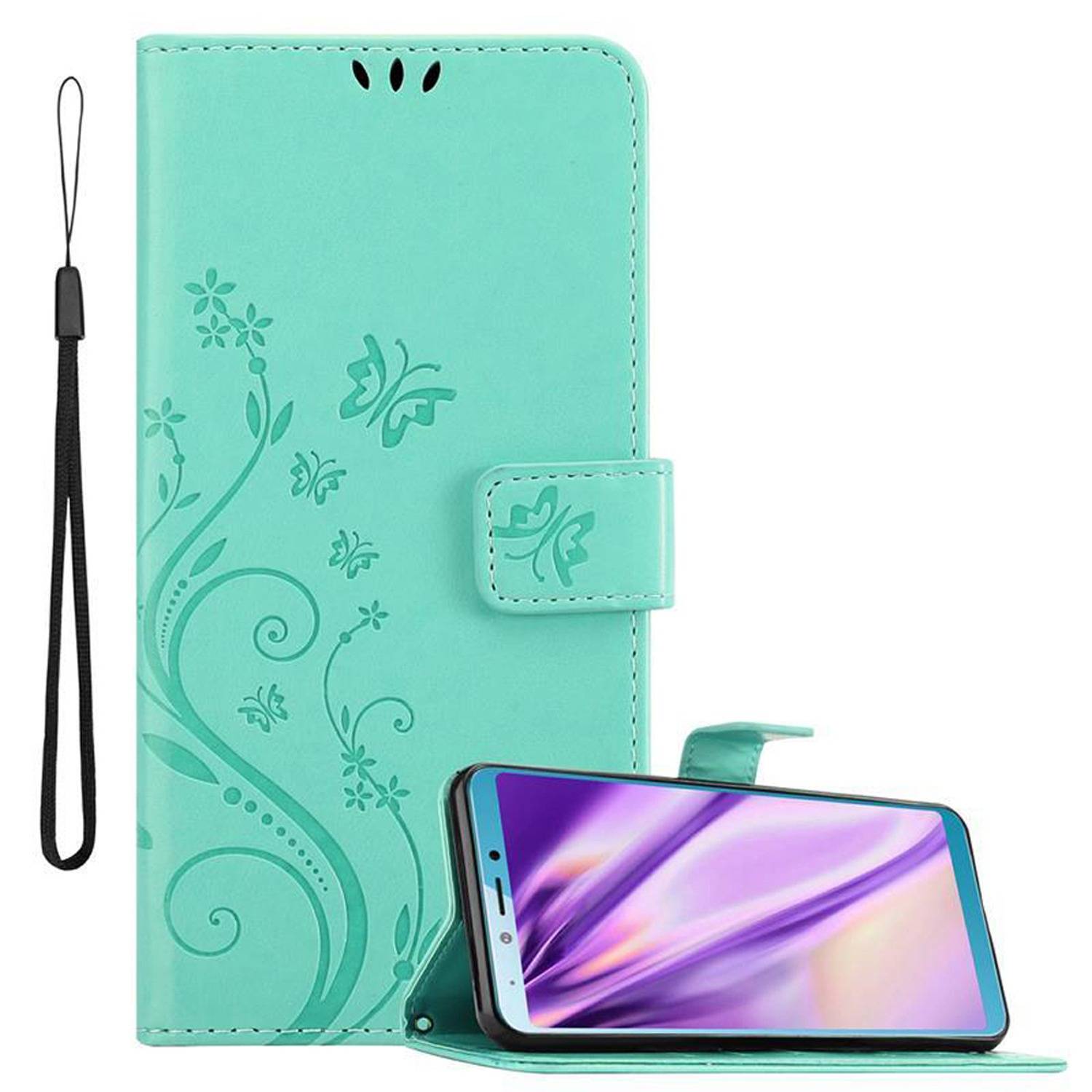 Cadorabo Hülle für Samsung Galaxy A6s Schutz Hülle in Türkis Schutzhülle Handy Hülle Etui Case Blumen Flower
