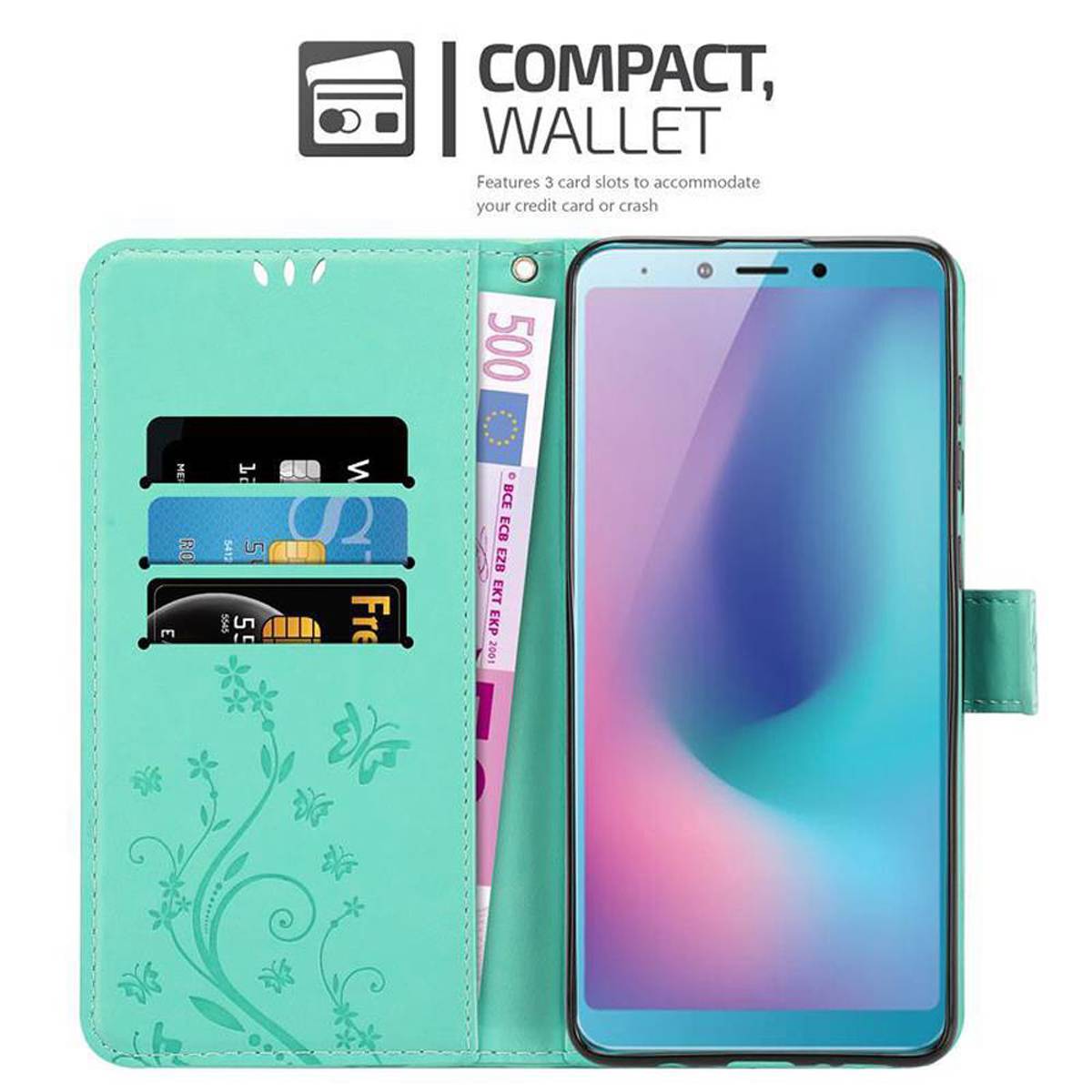 Cadorabo Hülle für Samsung Galaxy A6s Schutz Hülle in Türkis Schutzhülle Handy Hülle Etui Case Blumen Flower