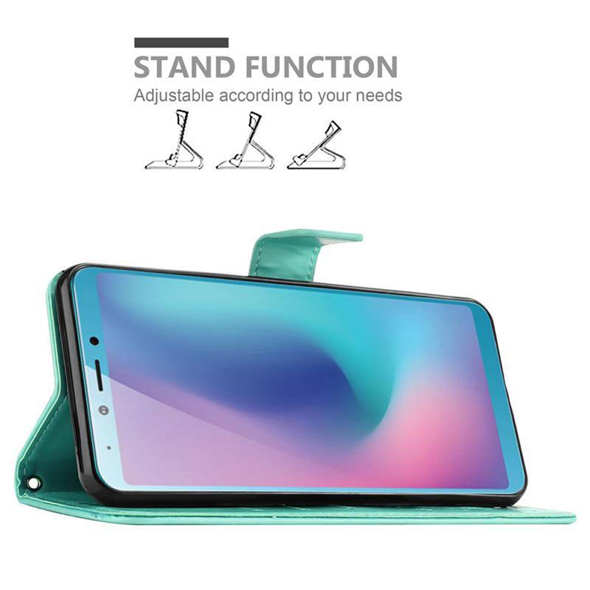 Cadorabo Hülle für Samsung Galaxy A6s Schutz Hülle in Türkis Schutzhülle Handy Hülle Etui Case Blumen Flower