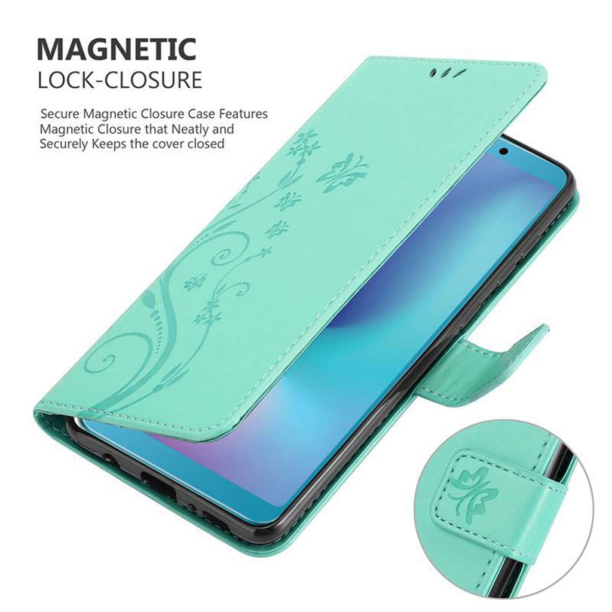 Cadorabo Hülle für Samsung Galaxy A6s Schutz Hülle in Türkis Schutzhülle Handy Hülle Etui Case Blumen Flower