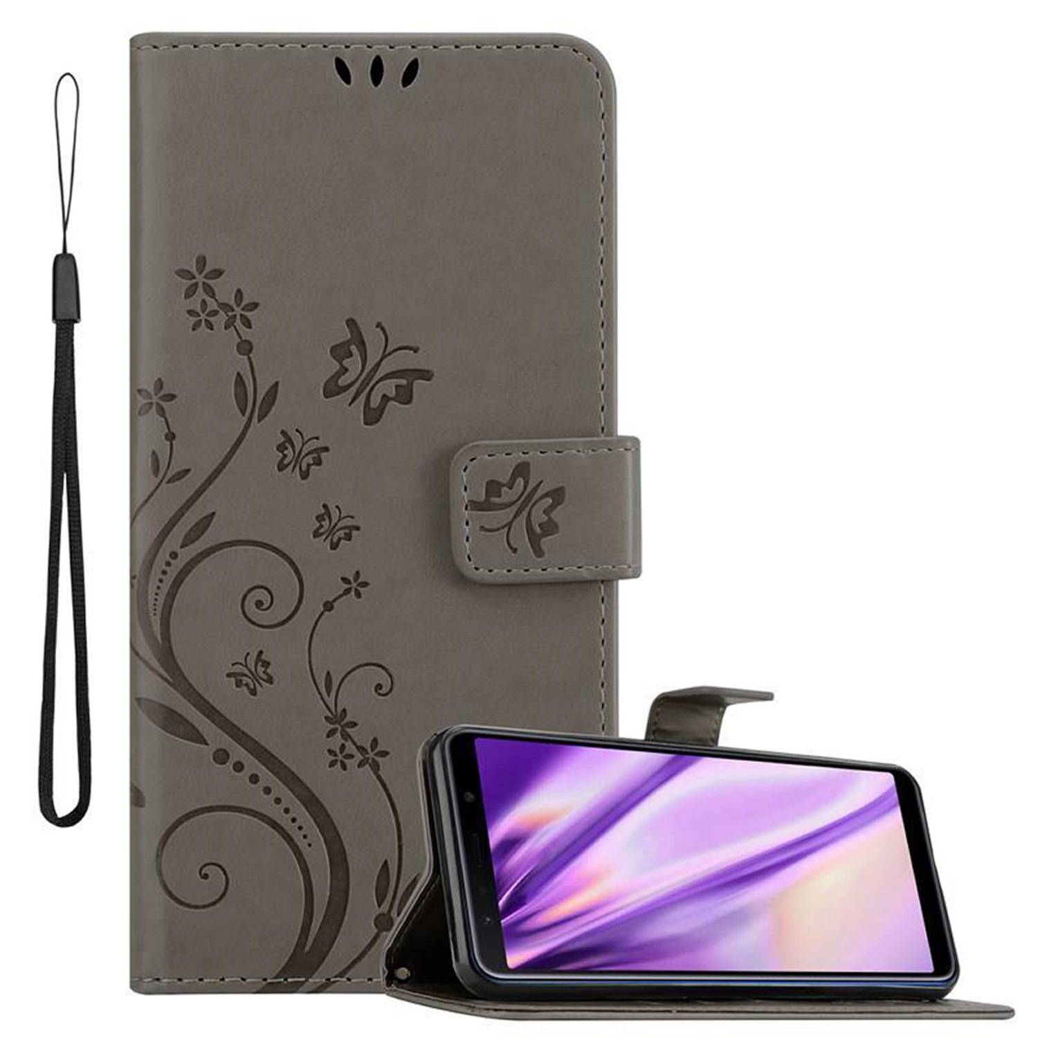 Cadorabo Hülle für Samsung Galaxy A7 2018 Schutz Hülle in Grau Schutzhülle Handy Hülle Etui Case Blumen Flower