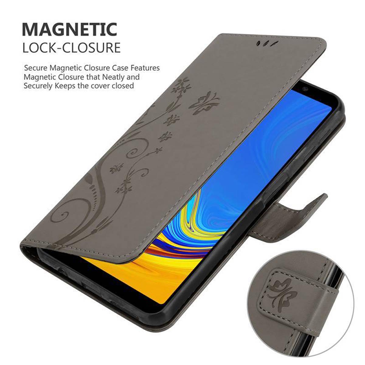 Cadorabo Hülle für Samsung Galaxy A7 2018 Schutz Hülle in Grau Schutzhülle Handy Hülle Etui Case Blumen Flower