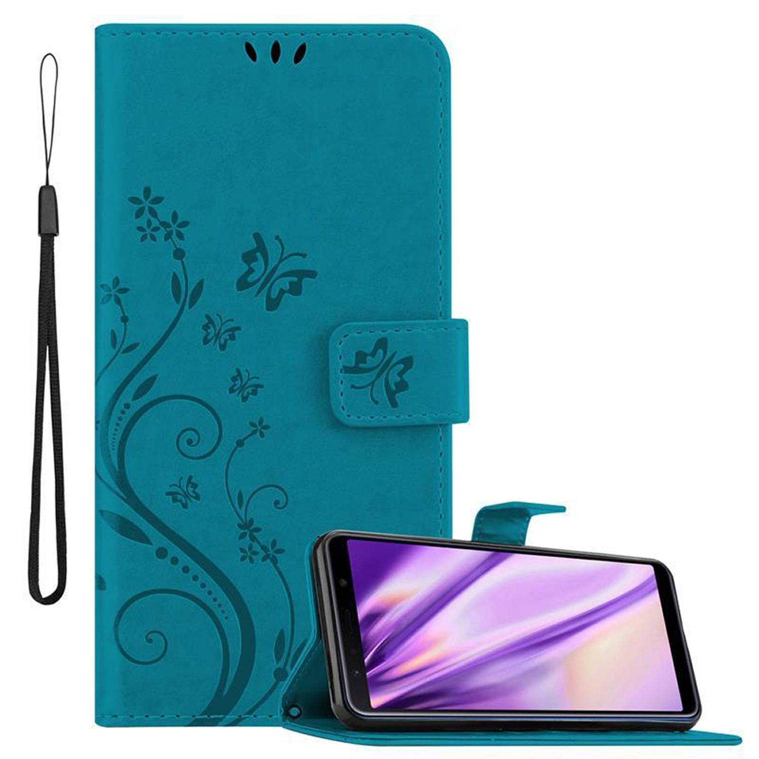 Cadorabo Hülle für Samsung Galaxy A7 2018 Schutz Hülle in Blau Schutzhülle Handy Hülle Etui Case Blumen Flower