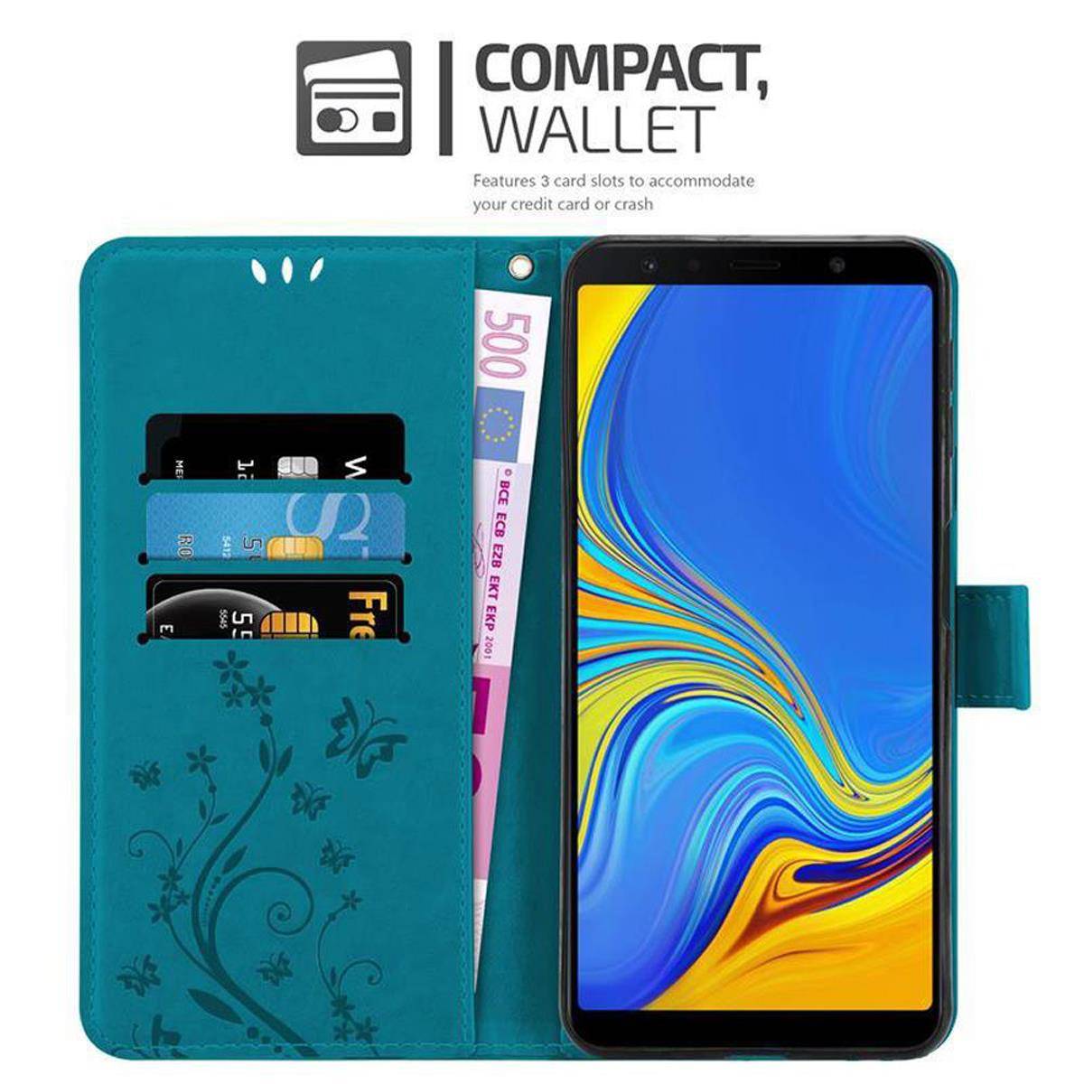Cadorabo Hülle für Samsung Galaxy A7 2018 Schutz Hülle in Blau Schutzhülle Handy Hülle Etui Case Blumen Flower