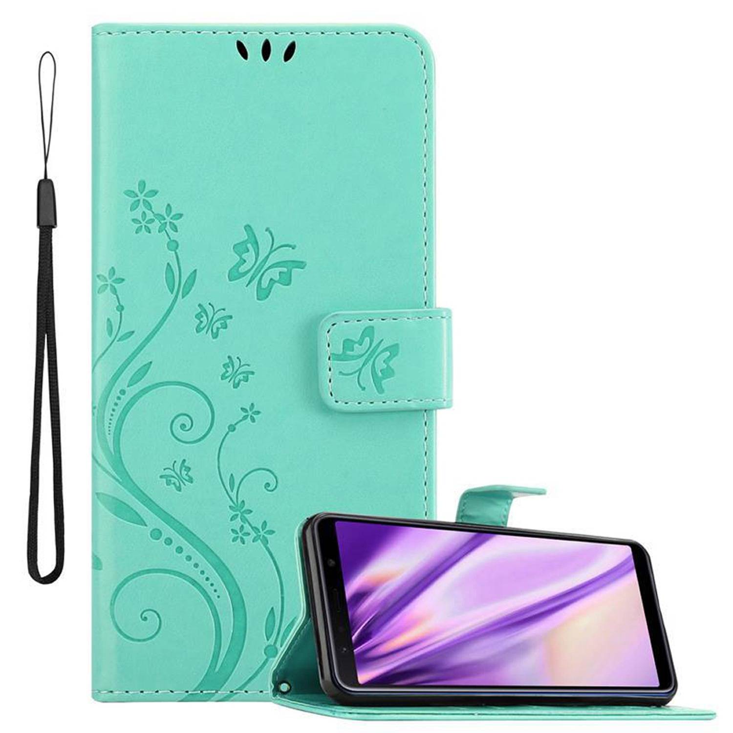 Cadorabo Hülle für Samsung Galaxy A7 2018 Schutz Hülle in Türkis Schutzhülle Handy Hülle Etui Case Blumen Flower