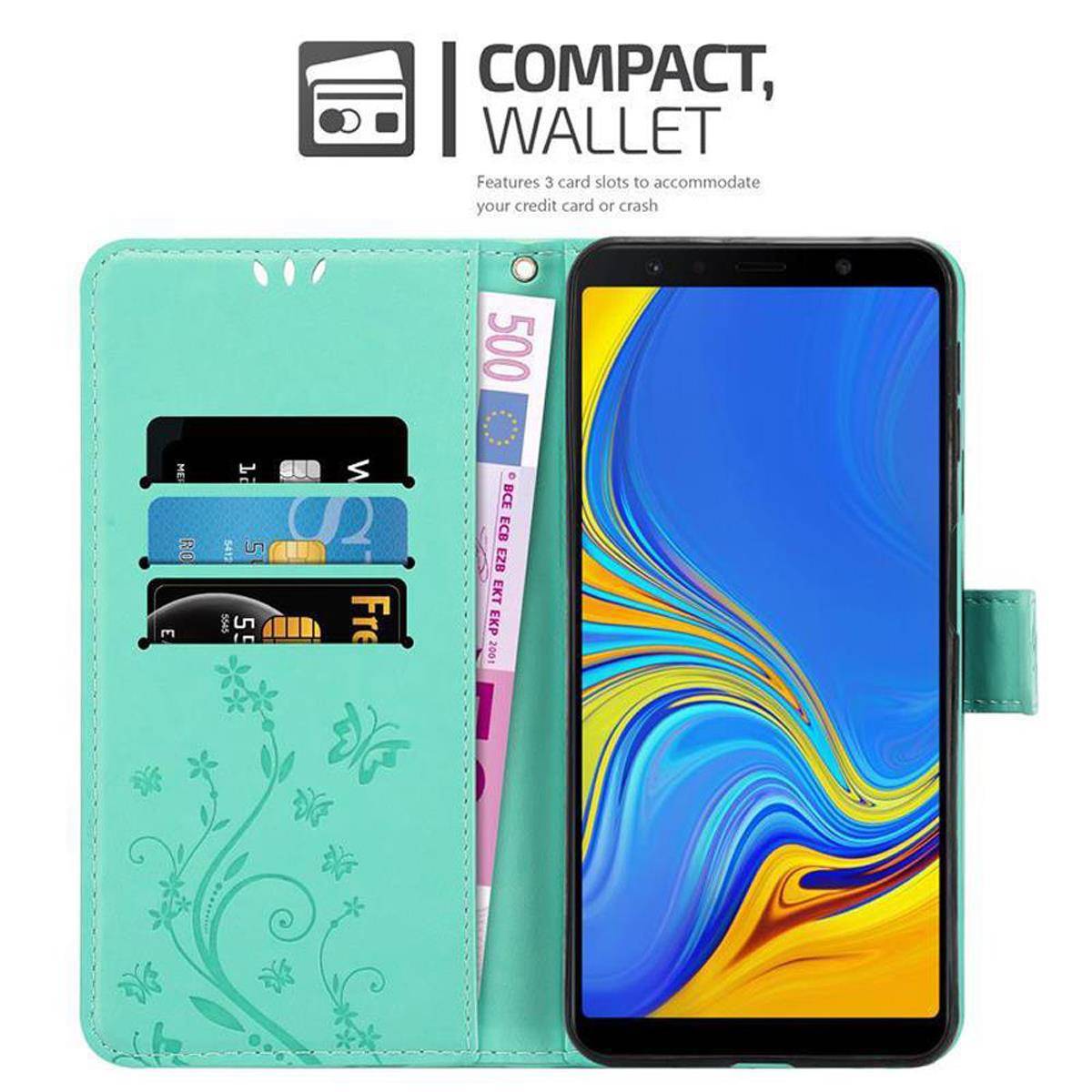 Cadorabo Hülle für Samsung Galaxy A7 2018 Schutz Hülle in Türkis Schutzhülle Handy Hülle Etui Case Blumen Flower