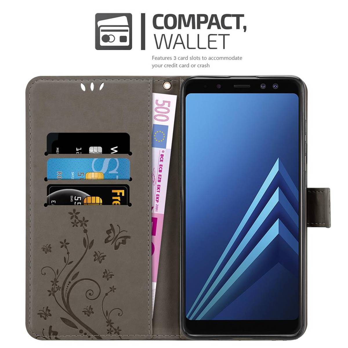 Cadorabo Hülle für Samsung Galaxy A8 2018 Schutz Hülle in Grau Schutzhülle Handy Hülle Etui Case Blumen Flower