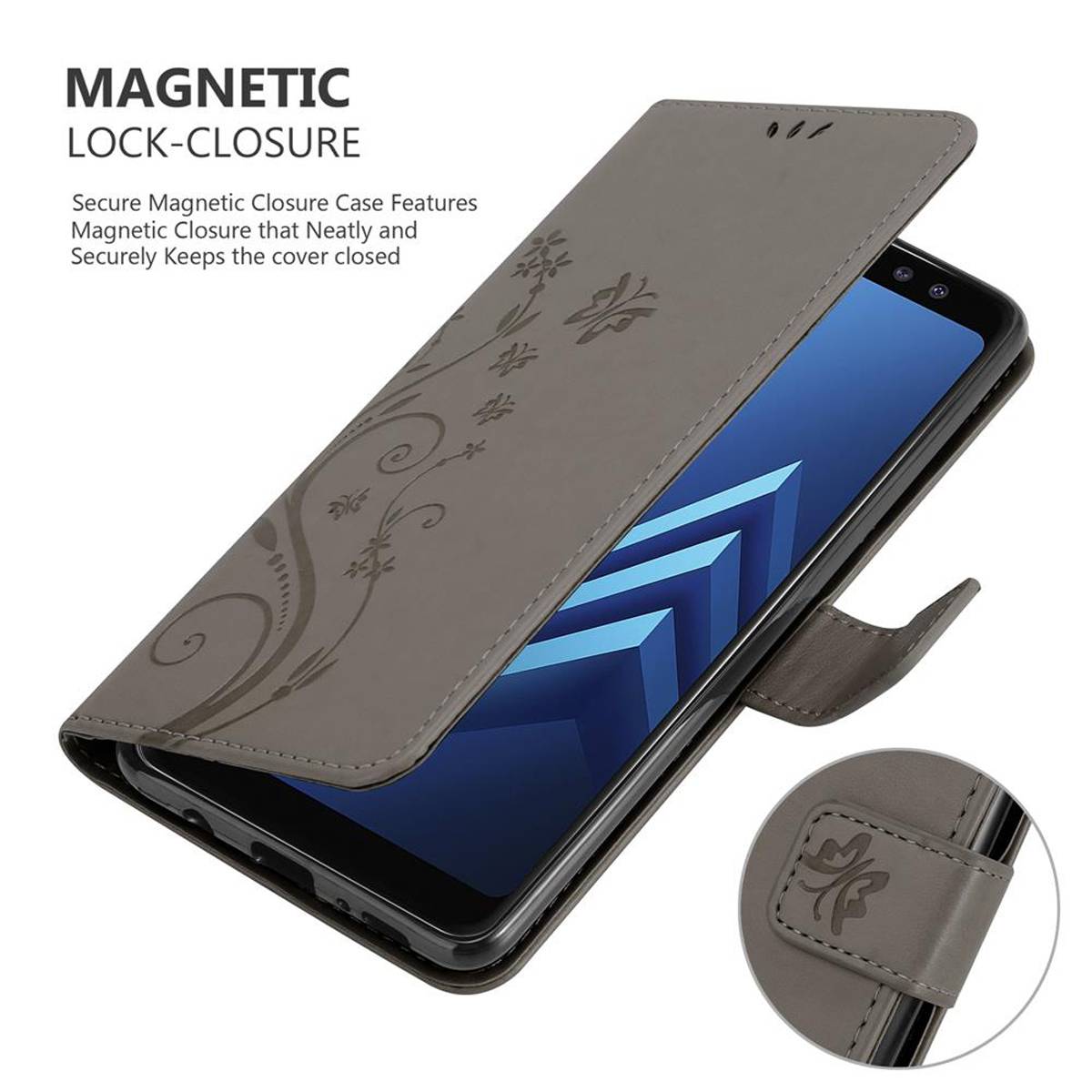 Cadorabo Hülle für Samsung Galaxy A8 2018 Schutz Hülle in Grau Schutzhülle Handy Hülle Etui Case Blumen Flower