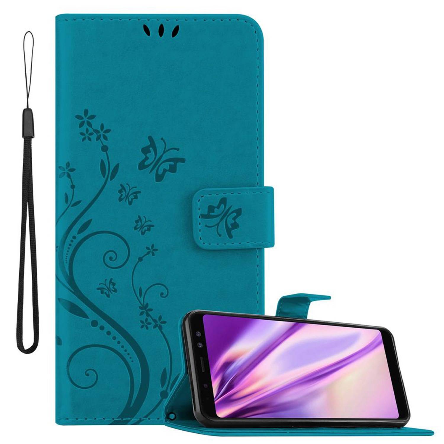 Cadorabo Hülle für Samsung Galaxy A8 2018 Schutz Hülle in Blau Schutzhülle Handy Hülle Etui Case Blumen Flower