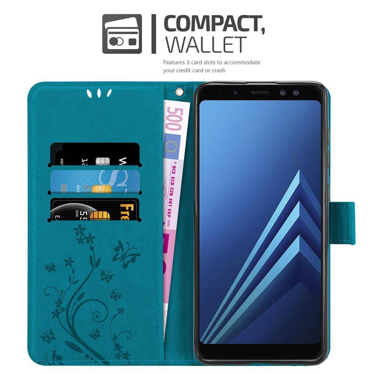 Cadorabo Hülle für Samsung Galaxy A8 2018 Schutz Hülle in Blau Schutzhülle Handy Hülle Etui Case Blumen Flower