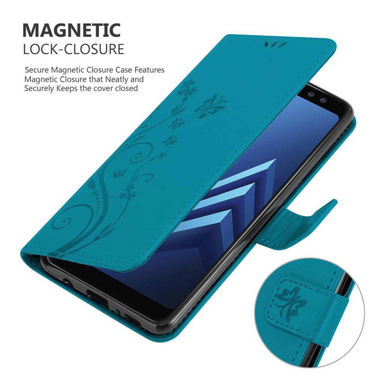 Cadorabo Hülle für Samsung Galaxy A8 2018 Schutz Hülle in Blau Schutzhülle Handy Hülle Etui Case Blumen Flower