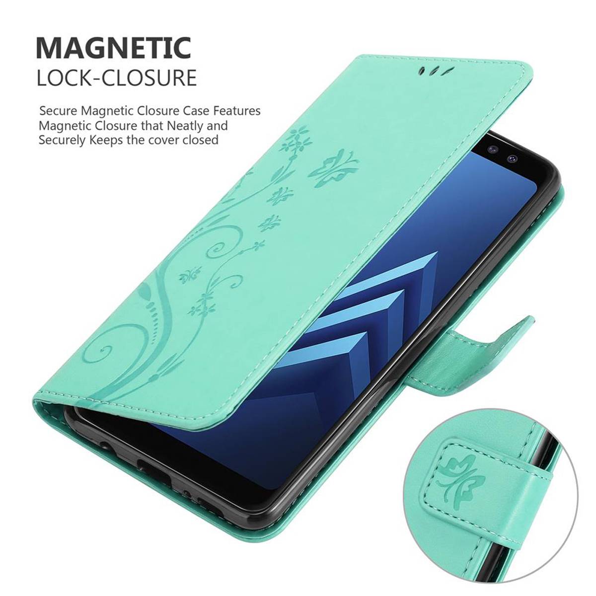 Cadorabo Hülle für Samsung Galaxy A8 2018 Schutz Hülle in Türkis Schutzhülle Handy Hülle Etui Case Blumen Flower