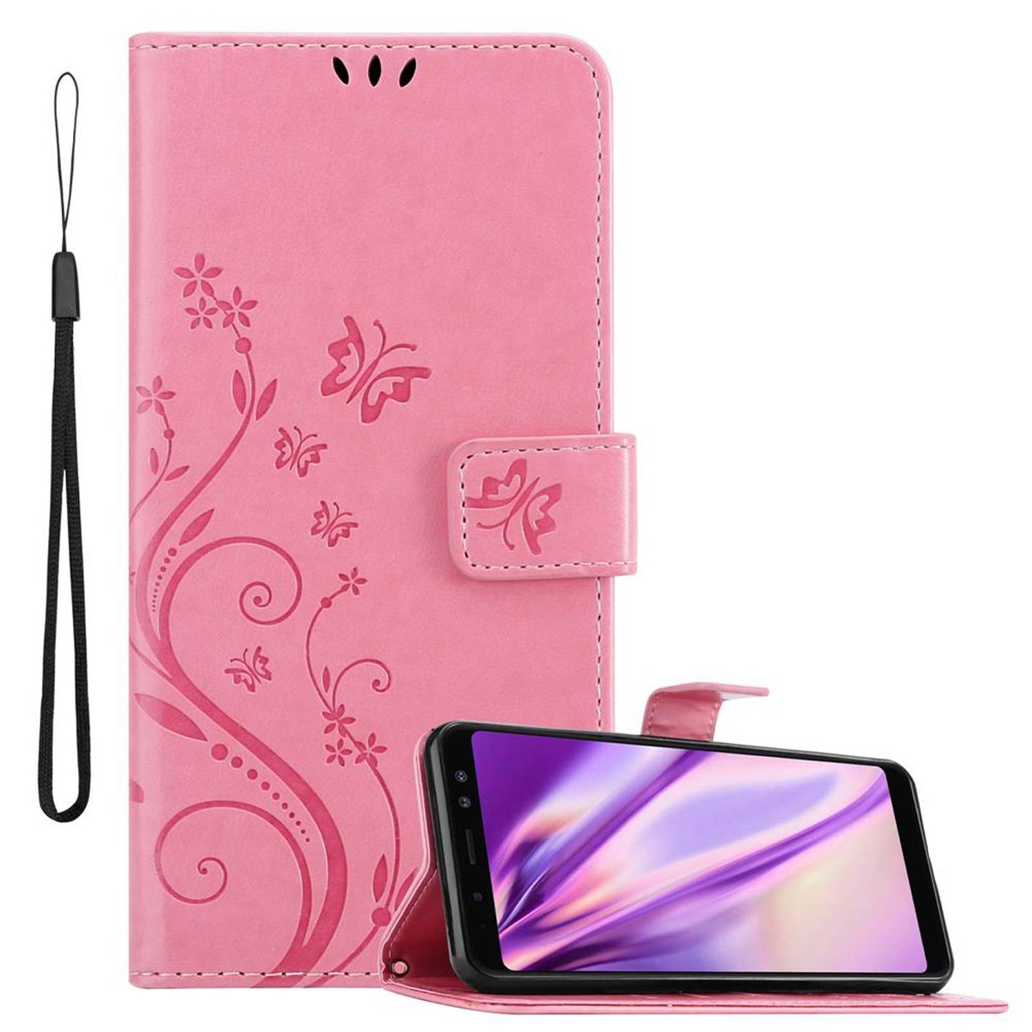 Cadorabo Hülle für Samsung Galaxy A8 2018 Schutz Hülle in Rosa Schutzhülle Handy Hülle Etui Case Blumen Flower