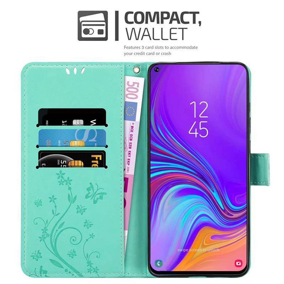 Cadorabo Hülle für Samsung Galaxy A8s Schutz Hülle in Türkis Schutzhülle Handy Hülle Etui Case Blumen Flower