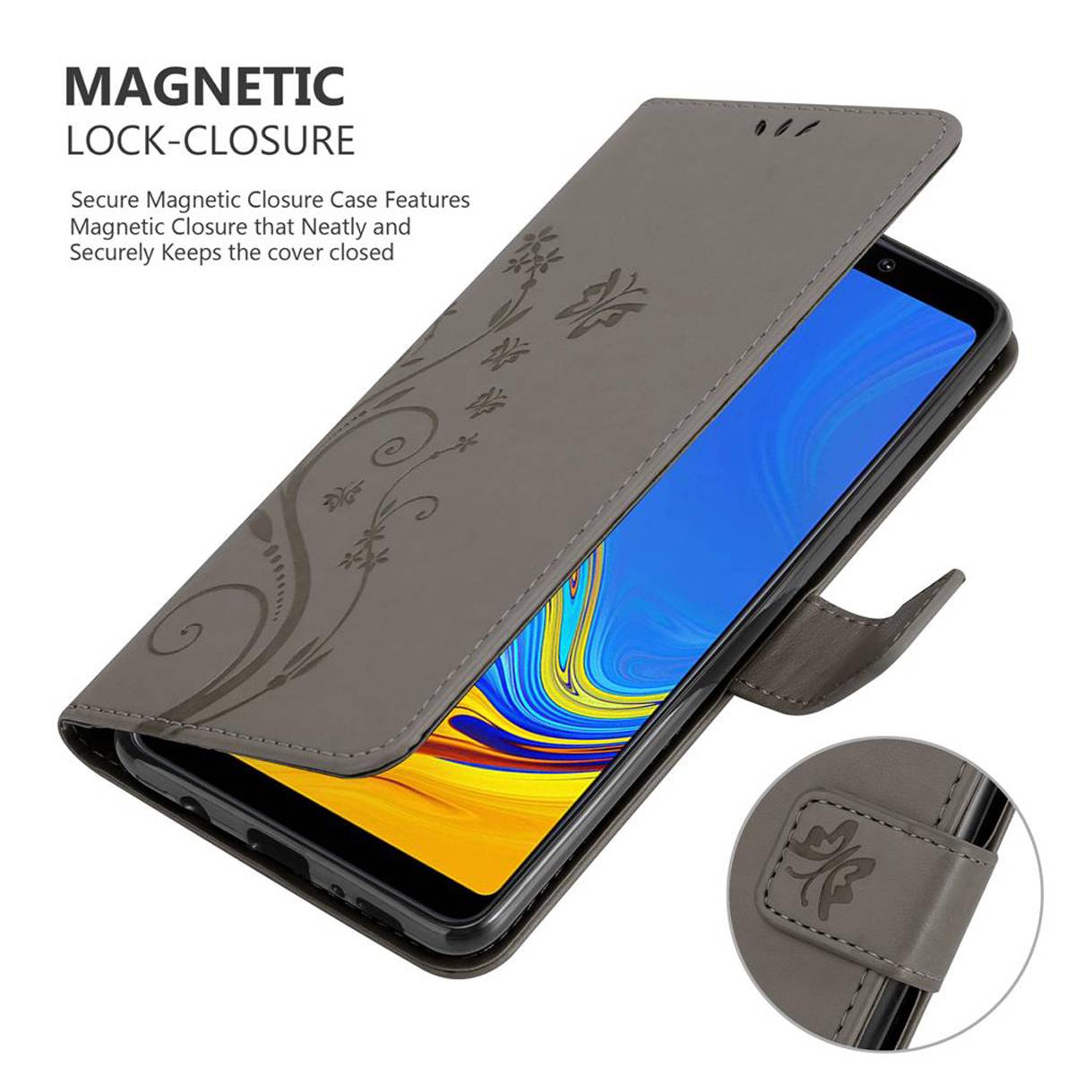 Cadorabo Hülle für Samsung Galaxy A9 2018 Schutz Hülle in Grau Schutzhülle Handy Hülle Etui Case Blumen Flower