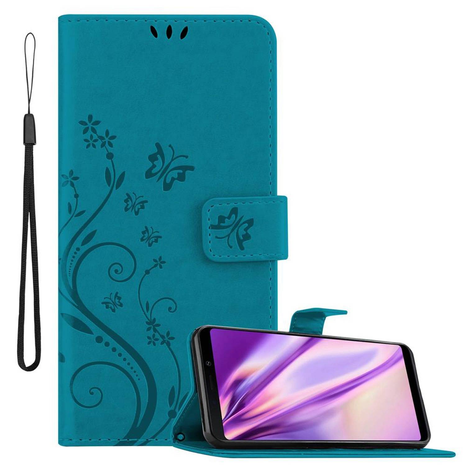 Cadorabo Hülle für Samsung Galaxy A9 2018 Schutz Hülle in Blau Schutzhülle Handy Hülle Etui Case Blumen Flower