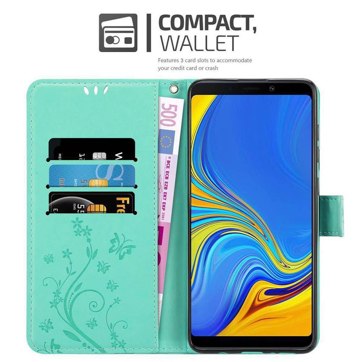 Cadorabo Hülle für Samsung Galaxy A9 2018 Schutz Hülle in Türkis Schutzhülle Handy Hülle Etui Case Blumen Flower
