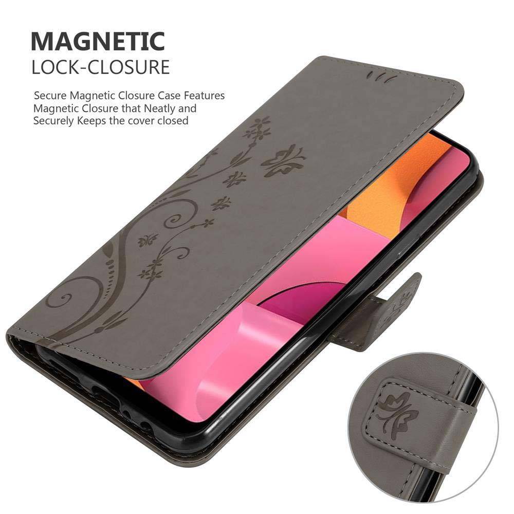 Cadorabo Hülle für Samsung Galaxy A20s Schutz Hülle in Grau Schutzhülle Handy Hülle Etui Case Blumen Flower