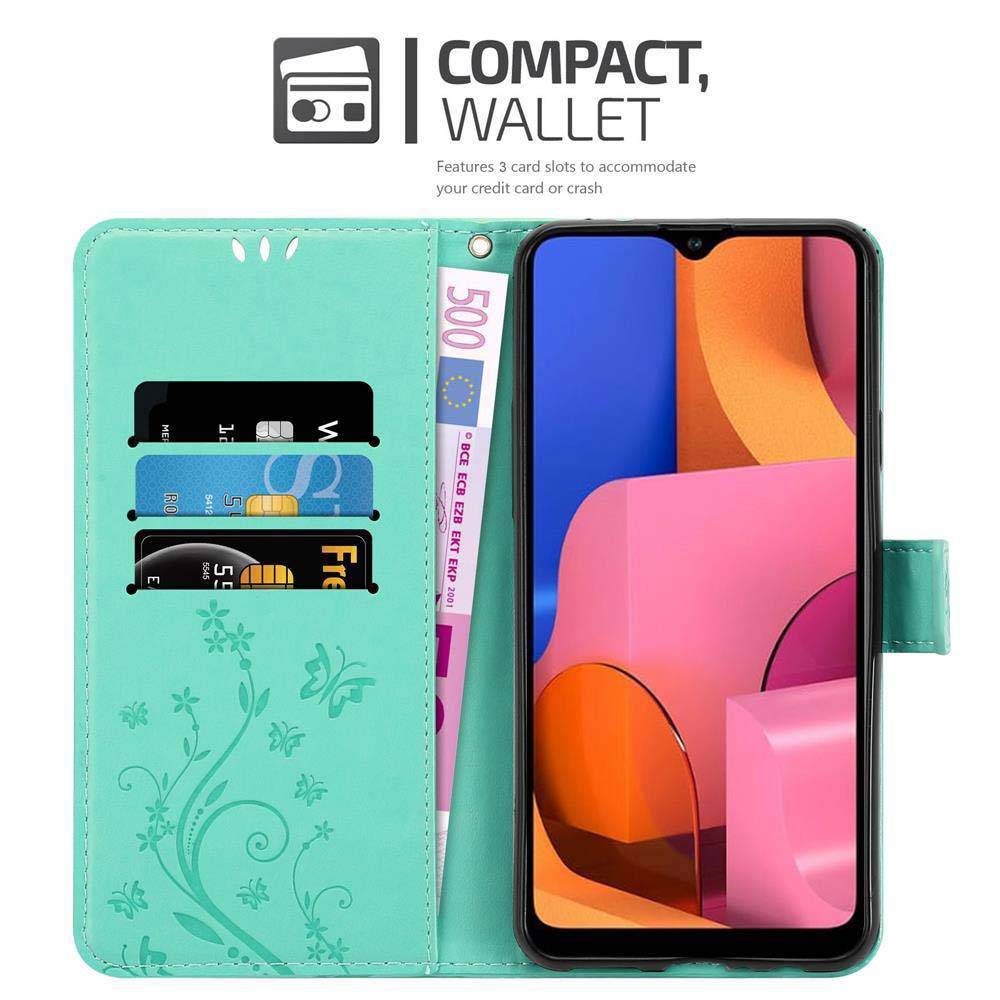 Cadorabo Hülle für Samsung Galaxy A20s Schutz Hülle in Türkis Schutzhülle Handy Hülle Etui Case Blumen Flower
