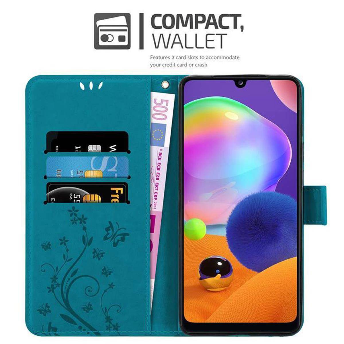 Cadorabo Hülle für Samsung Galaxy A31 Schutz Hülle in Blau Schutzhülle Handy Hülle Etui Case Blumen Flower