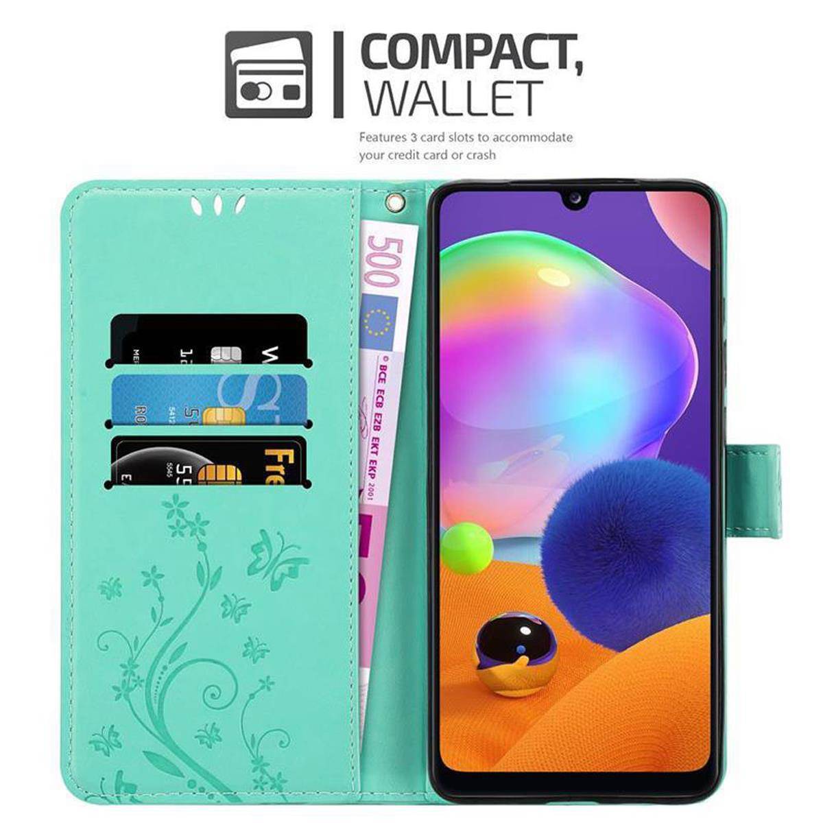 Cadorabo Hülle für Samsung Galaxy A31 Schutz Hülle in Türkis Schutzhülle Handy Hülle Etui Case Blumen Flower