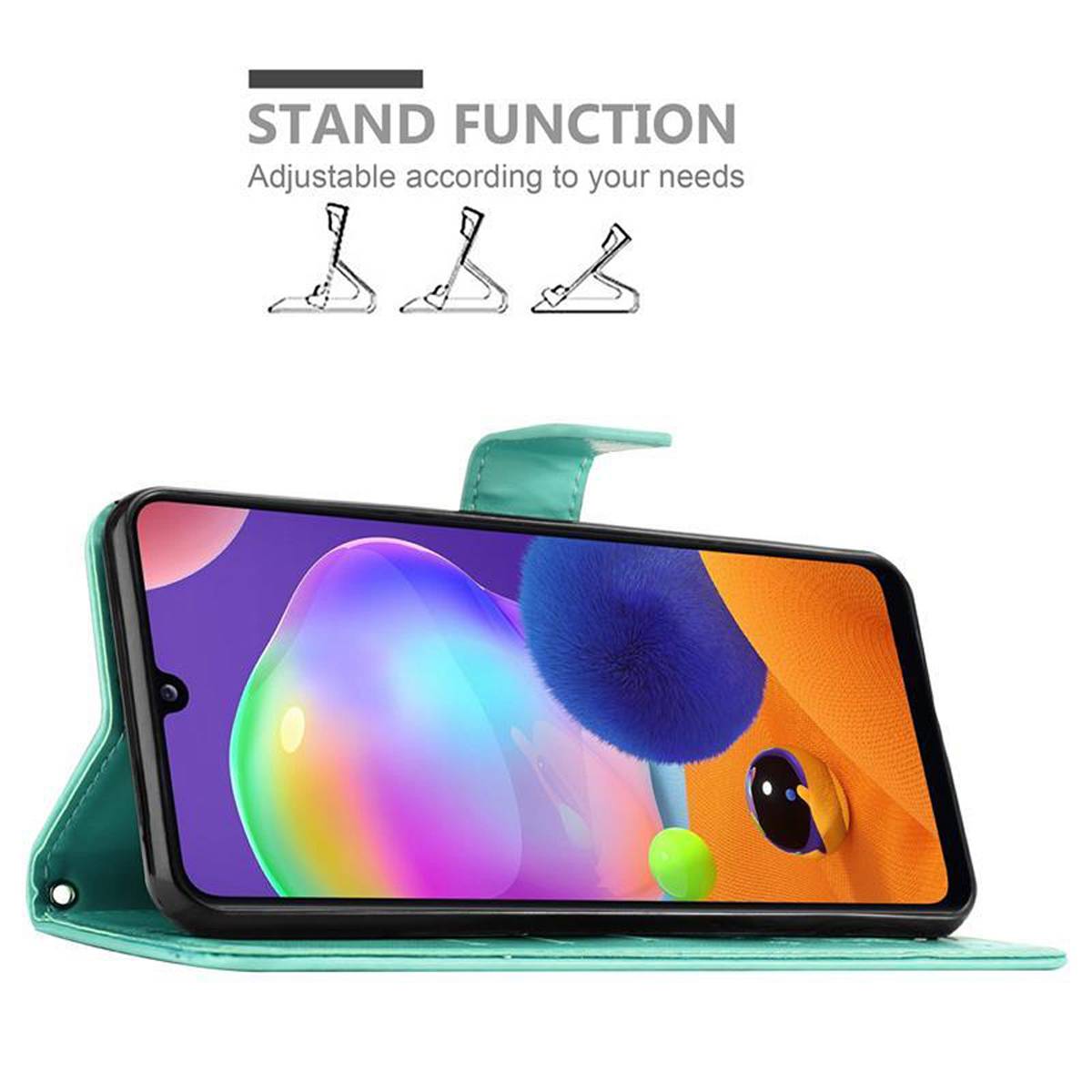 Cadorabo Hülle für Samsung Galaxy A31 Schutz Hülle in Türkis Schutzhülle Handy Hülle Etui Case Blumen Flower