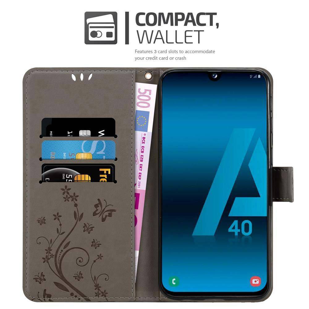 Cadorabo Hülle für Samsung Galaxy A40 Schutz Hülle in Grau Schutzhülle Handy Hülle Etui Case Blumen Flower