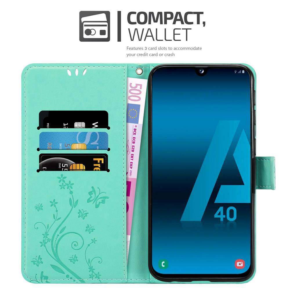 Cadorabo Hülle für Samsung Galaxy A40 Schutz Hülle in Türkis Schutzhülle Handy Hülle Etui Case Blumen Flower
