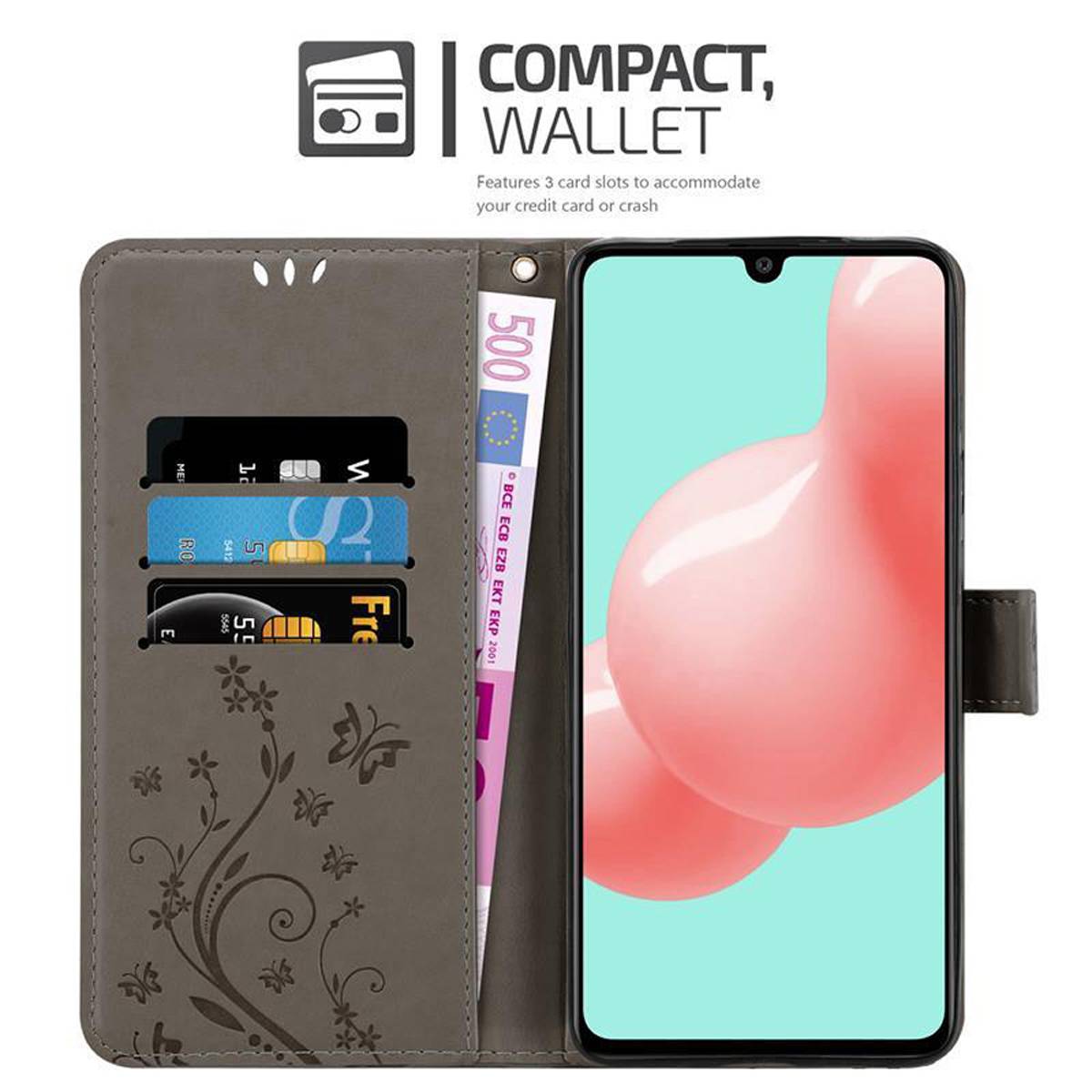Cadorabo Hülle für Samsung Galaxy A41 Schutz Hülle in Grau Schutzhülle Handy Hülle Etui Case Blumen Flower
