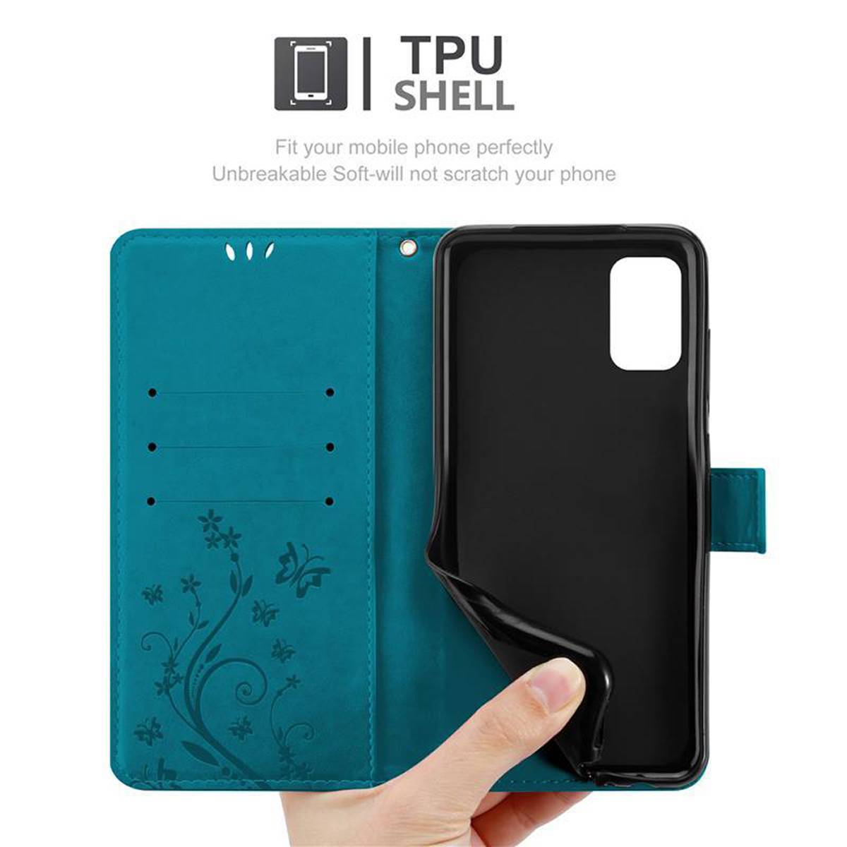 Cadorabo Hülle für Samsung Galaxy A41 Schutz Hülle in Blau Schutzhülle Handy Hülle Etui Case Blumen Flower