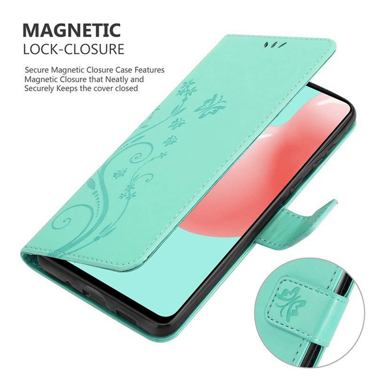 Cadorabo Hülle für Samsung Galaxy A41 Schutz Hülle in Türkis Schutzhülle Handy Hülle Etui Case Blumen Flower