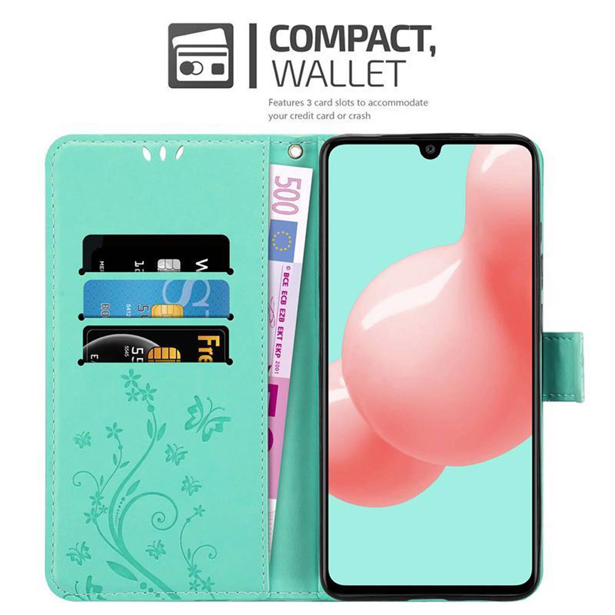Cadorabo Hülle für Samsung Galaxy A41 Schutz Hülle in Türkis Schutzhülle Handy Hülle Etui Case Blumen Flower