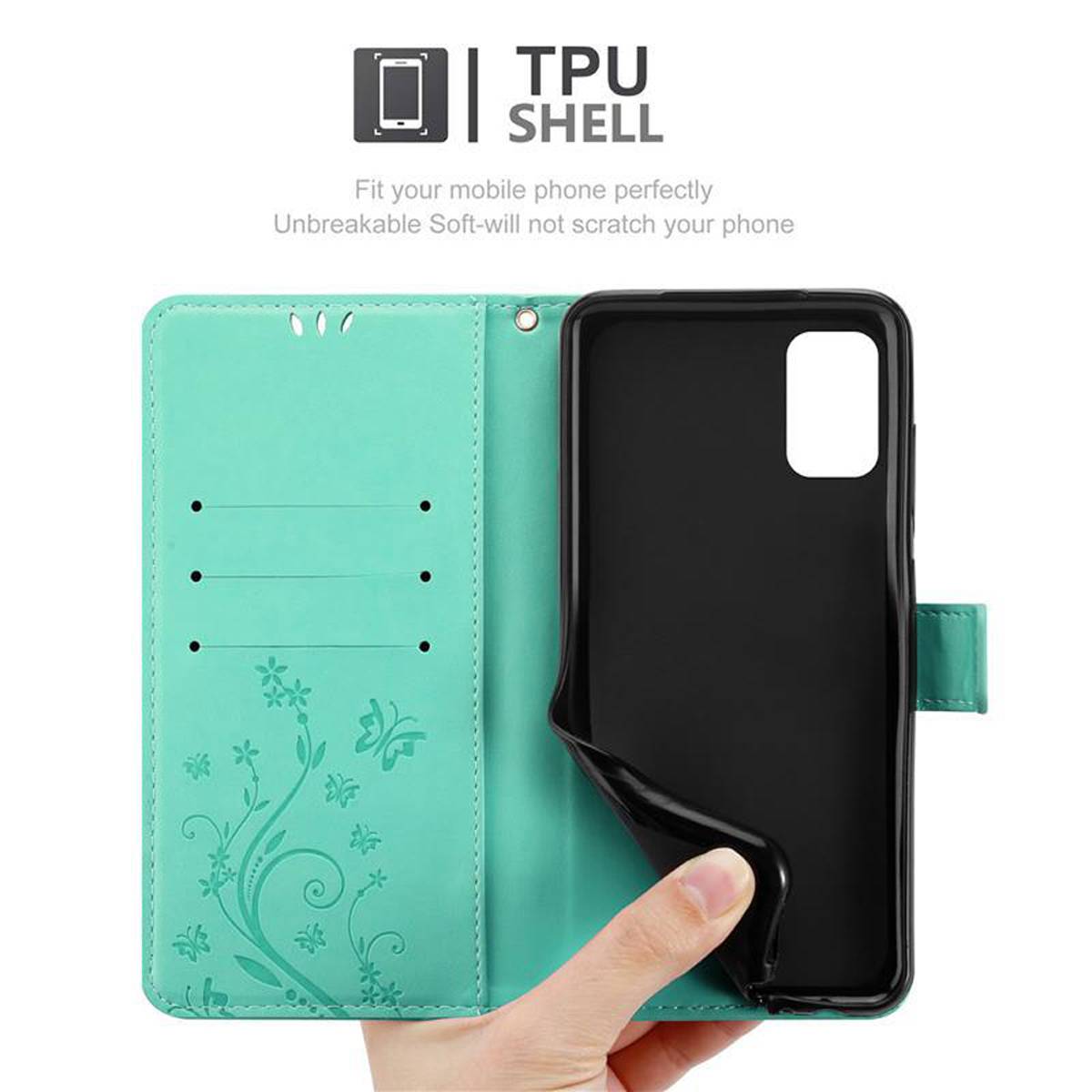 Cadorabo Hülle für Samsung Galaxy A41 Schutz Hülle in Türkis Schutzhülle Handy Hülle Etui Case Blumen Flower