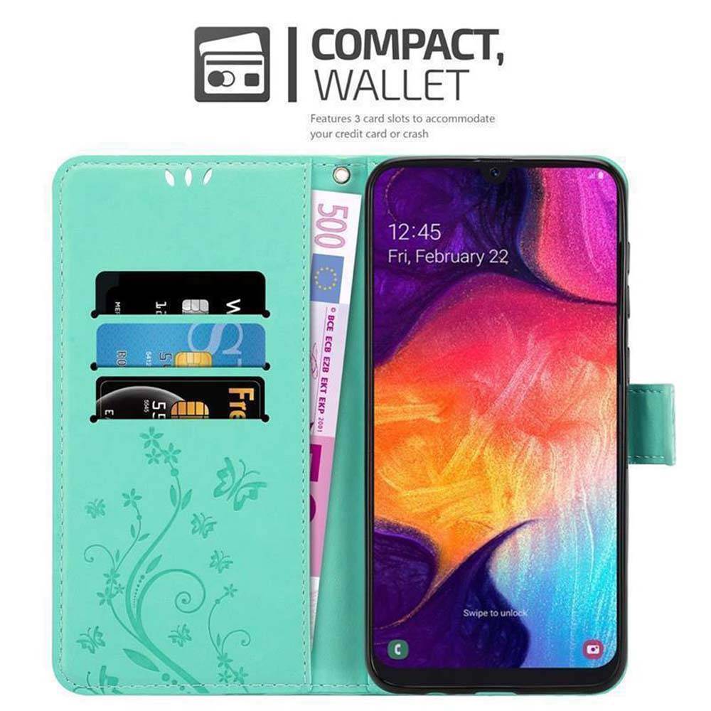 Cadorabo Hülle für Samsung Galaxy A50 4G / A50s / A30s Schutz Hülle in Türkis Schutzhülle Handy Hülle Etui Case Blumen