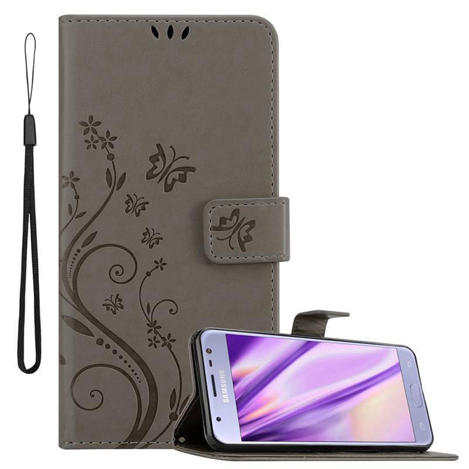 Cadorabo Hülle für Samsung Galaxy J3 2017 Schutz Hülle in Grau Schutzhülle Handy Hülle Etui Case Blumen Flower