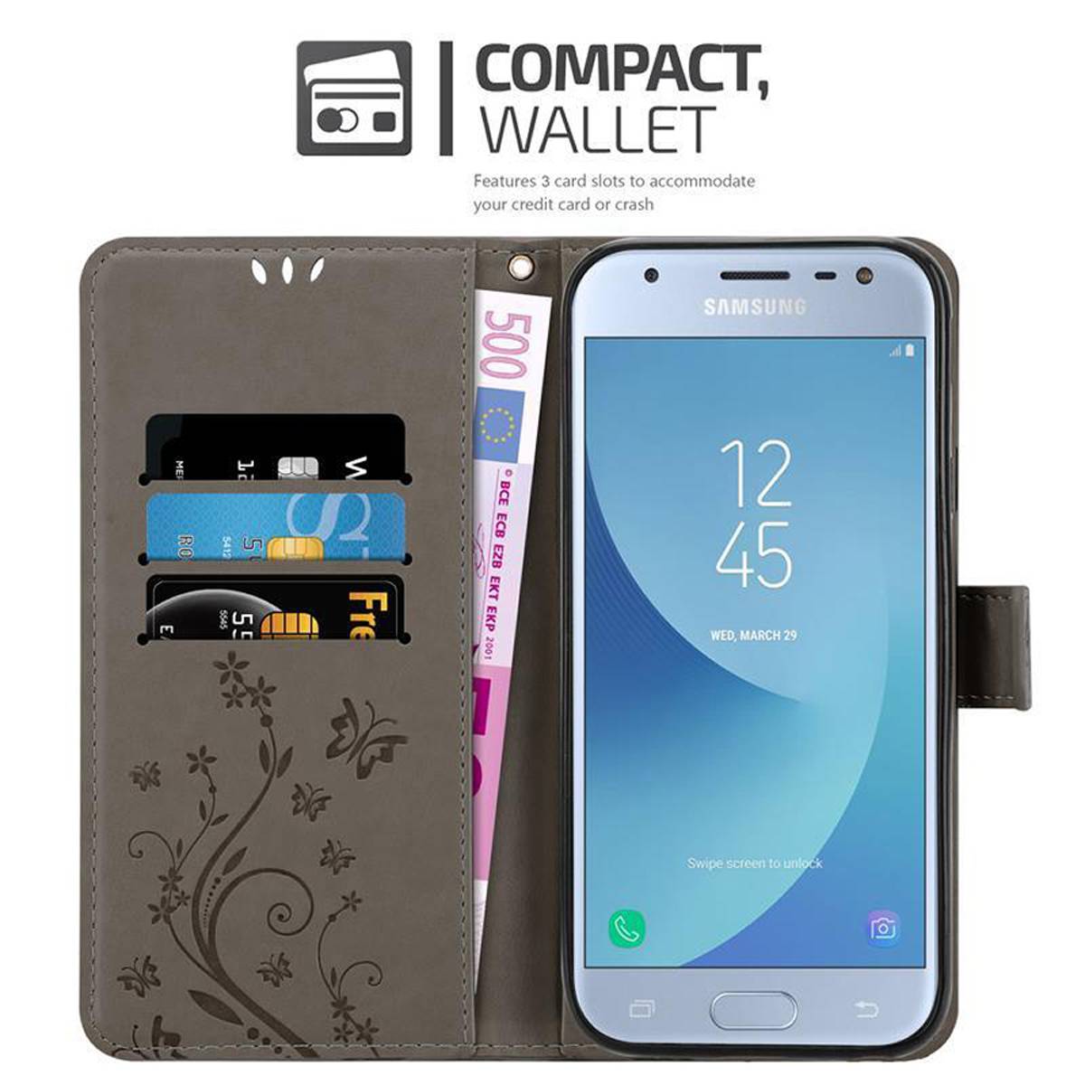 Cadorabo Hülle für Samsung Galaxy J3 2017 Schutz Hülle in Grau Schutzhülle Handy Hülle Etui Case Blumen Flower