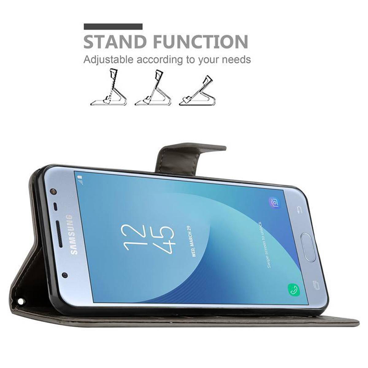 Cadorabo Hülle für Samsung Galaxy J3 2017 Schutz Hülle in Grau Schutzhülle Handy Hülle Etui Case Blumen Flower