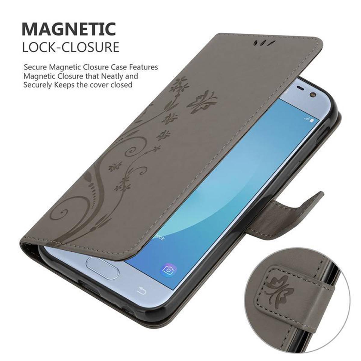 Cadorabo Hülle für Samsung Galaxy J3 2017 Schutz Hülle in Grau Schutzhülle Handy Hülle Etui Case Blumen Flower