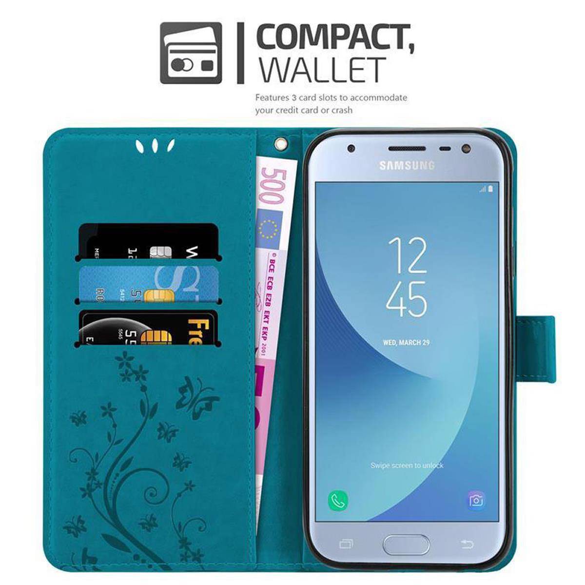 Cadorabo Hülle für Samsung Galaxy J3 2017 Schutz Hülle in Blau Schutzhülle Handy Hülle Etui Case Blumen Flower