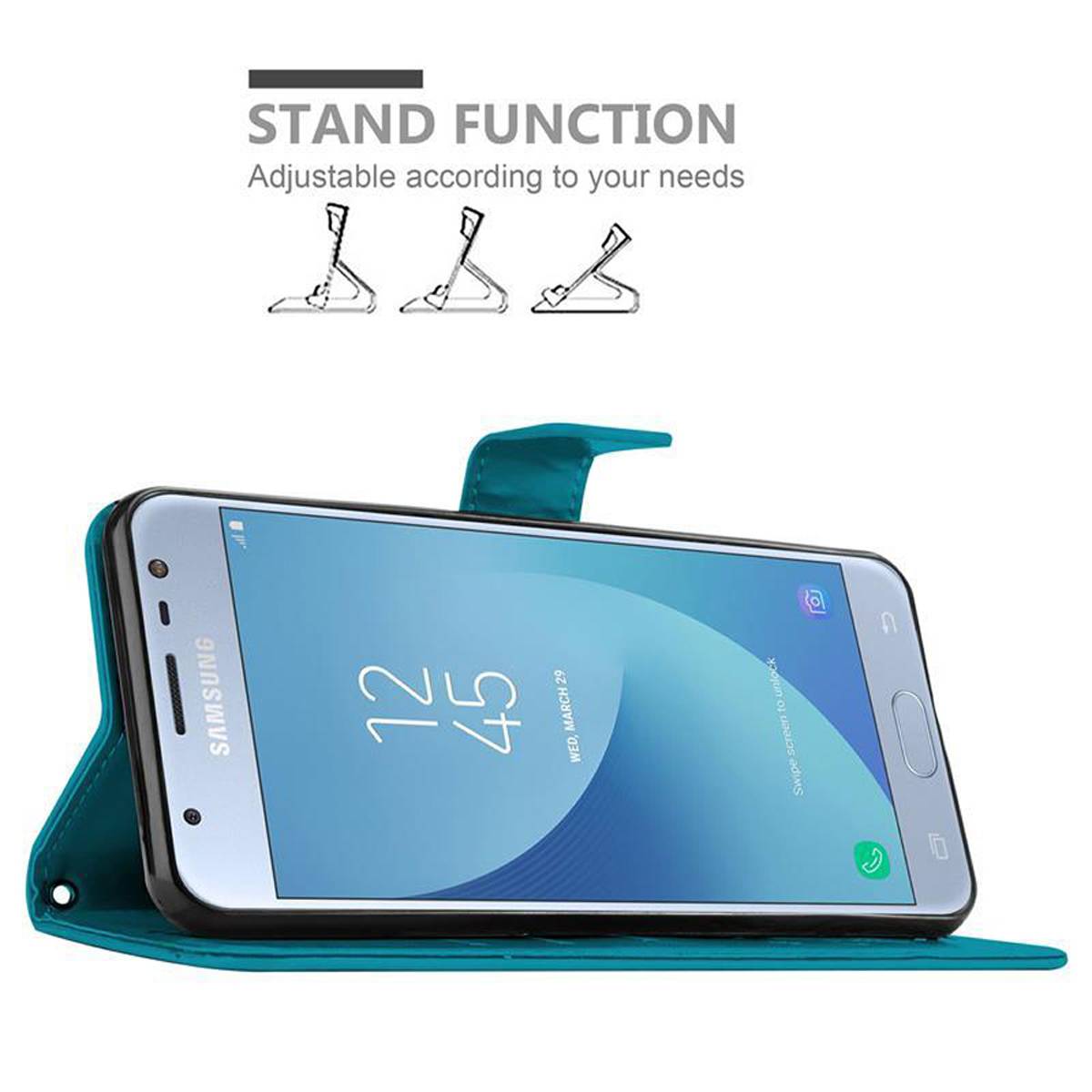 Cadorabo Hülle für Samsung Galaxy J3 2017 Schutz Hülle in Blau Schutzhülle Handy Hülle Etui Case Blumen Flower