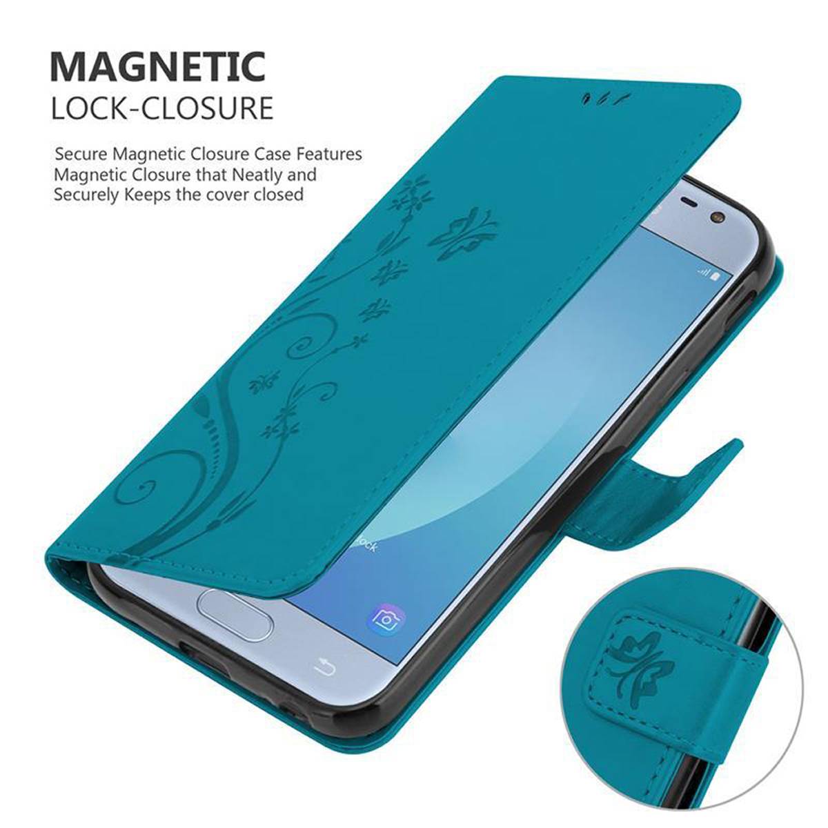 Cadorabo Hülle für Samsung Galaxy J3 2017 Schutz Hülle in Blau Schutzhülle Handy Hülle Etui Case Blumen Flower