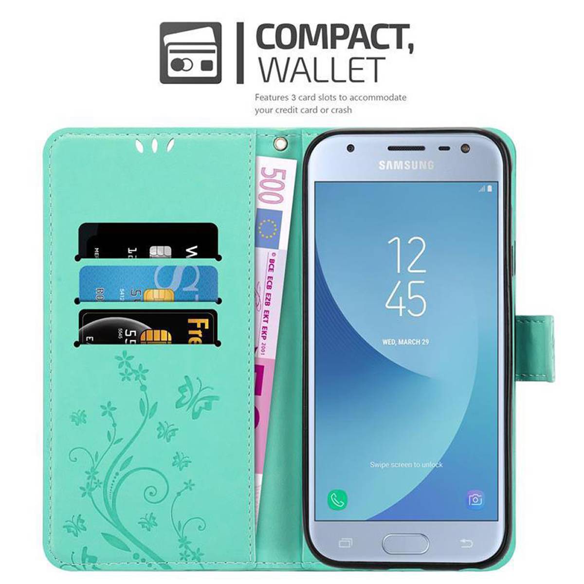 Cadorabo Hülle für Samsung Galaxy J3 2017 Schutz Hülle in Türkis Schutzhülle Handy Hülle Etui Case Blumen Flower