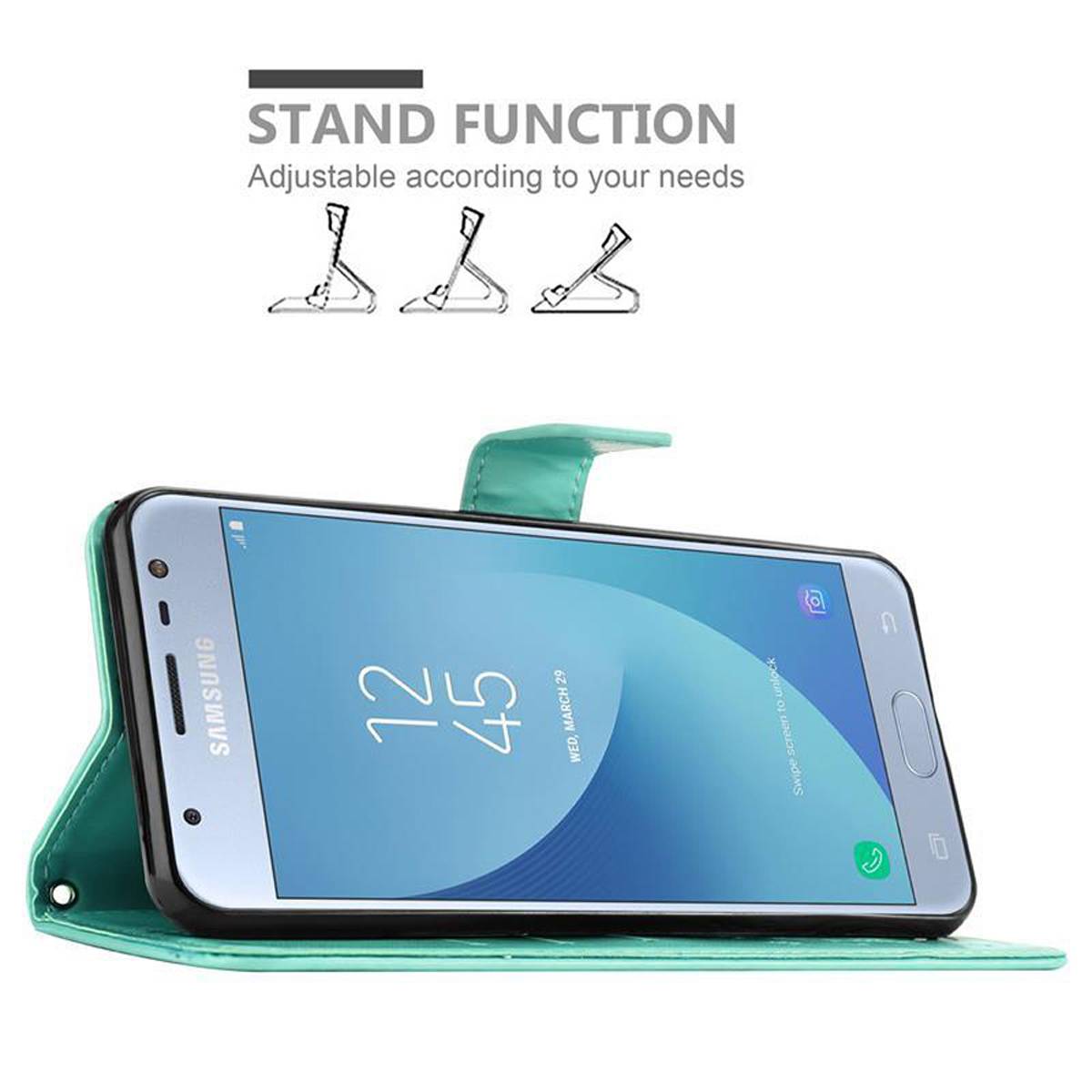 Cadorabo Hülle für Samsung Galaxy J3 2017 Schutz Hülle in Türkis Schutzhülle Handy Hülle Etui Case Blumen Flower