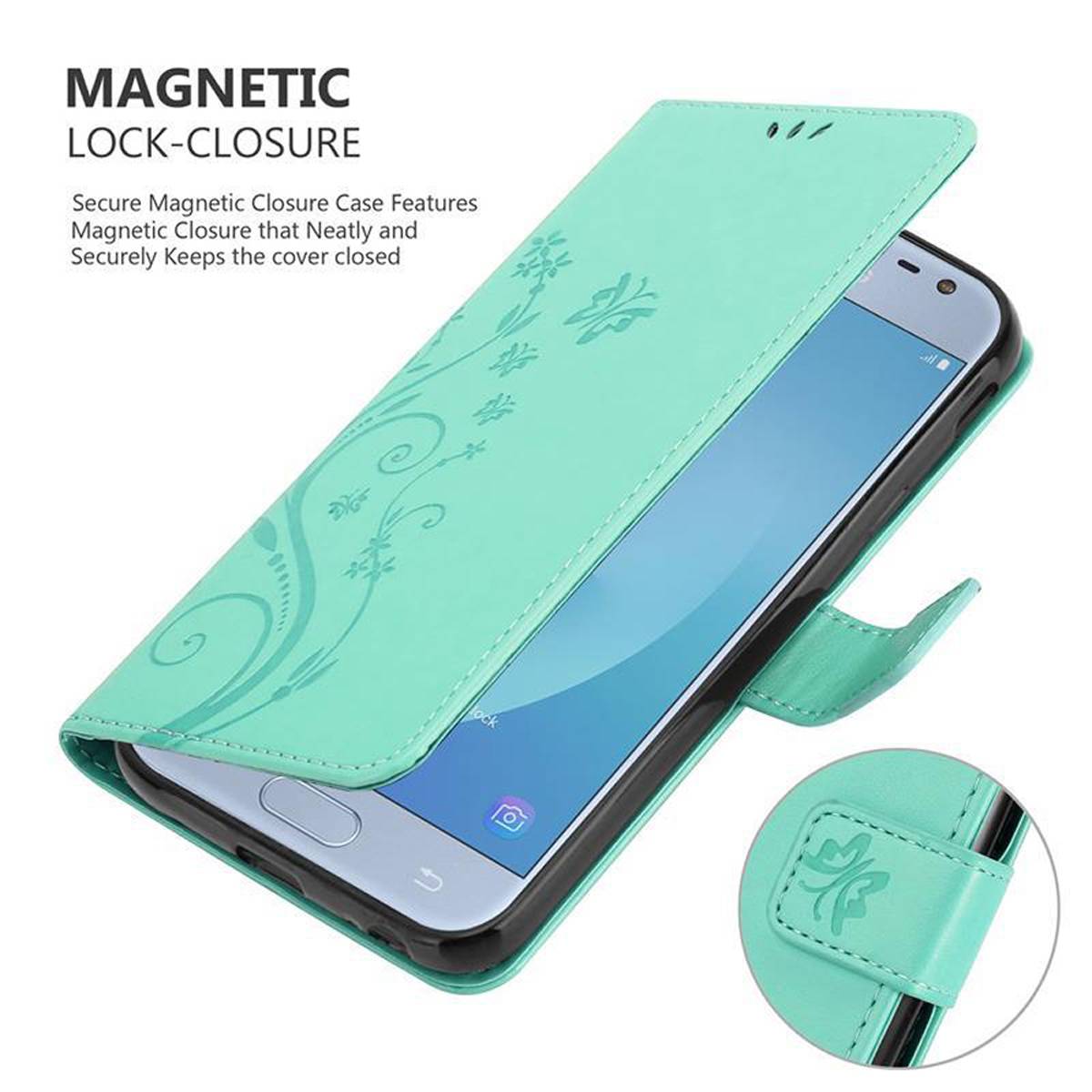 Cadorabo Hülle für Samsung Galaxy J3 2017 Schutz Hülle in Türkis Schutzhülle Handy Hülle Etui Case Blumen Flower