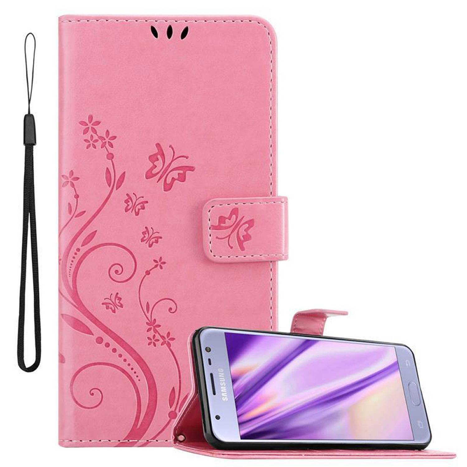 Cadorabo Hülle für Samsung Galaxy J3 2017 Schutz Hülle in Rosa Schutzhülle Handy Hülle Etui Case Blumen Flower